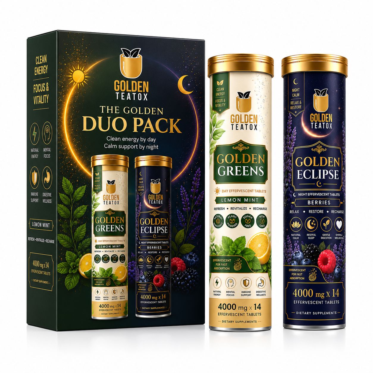 The Golden Duo Pack Clean energy by day. Calm support by night.